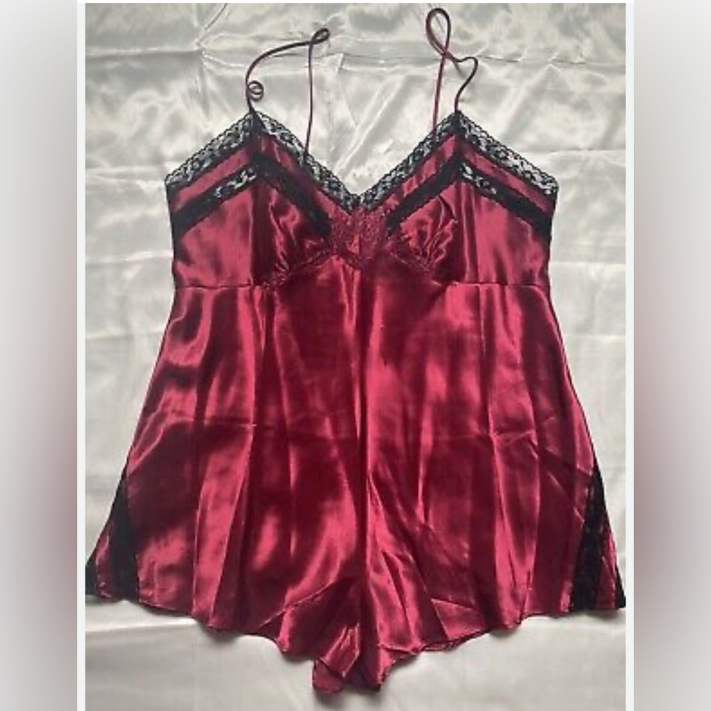 Vintage Victoria’s Secret Gold Label Satin Romper Bodysuit Teddy Burgundy Lace